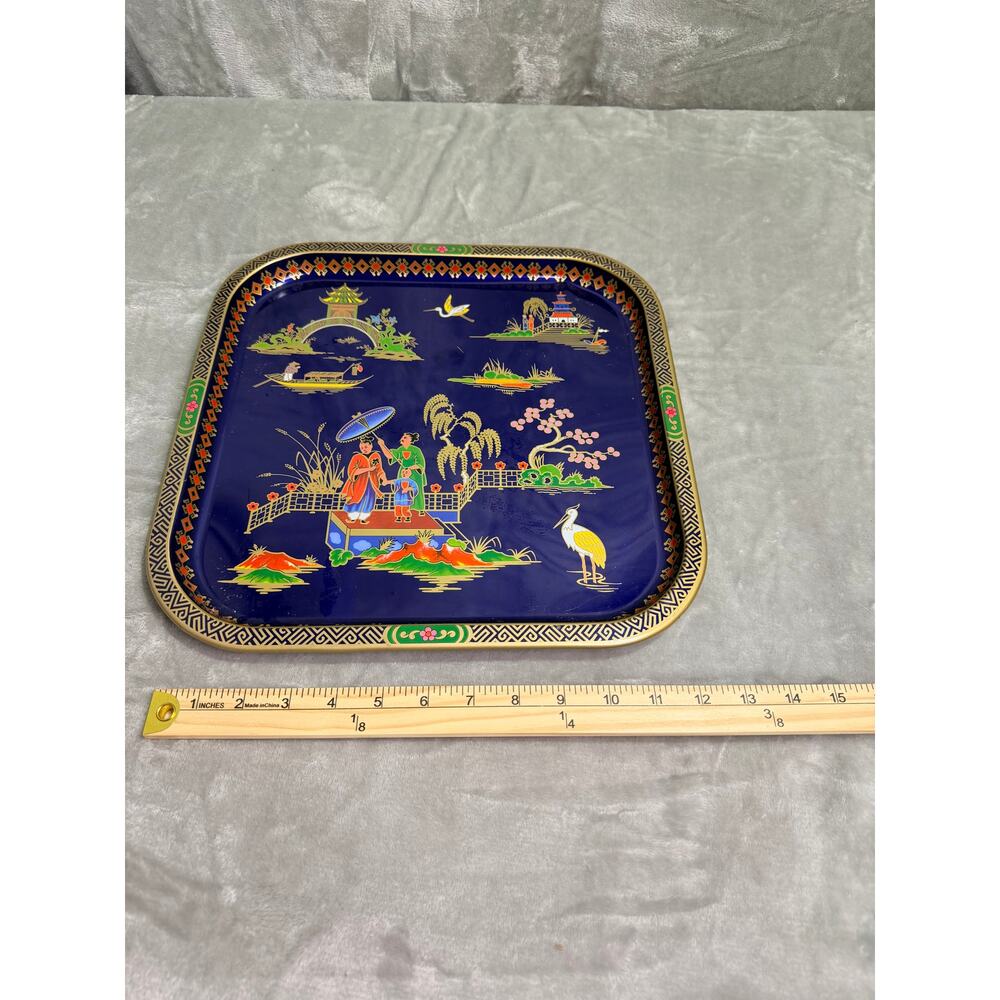 Vintage Daher England Blue Chinoiserie Serving Tray Pagoda Scene - Picture 6 of 6